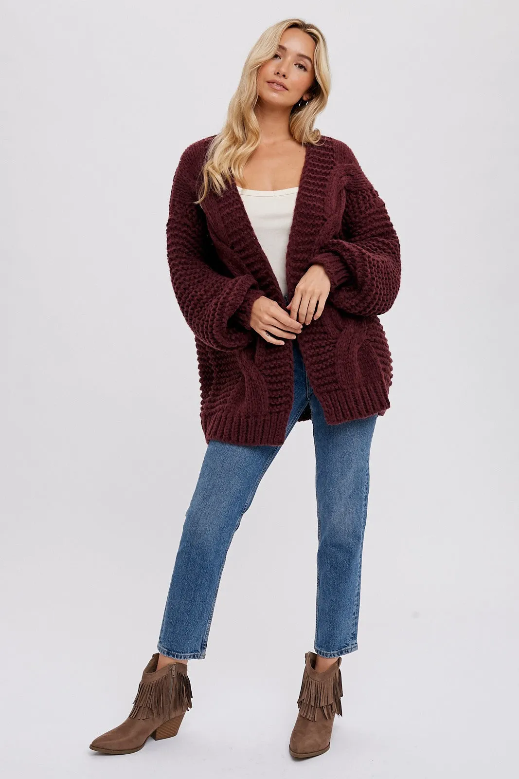 Burgundy Chunky Knit Cardigan sold by Pinkblush