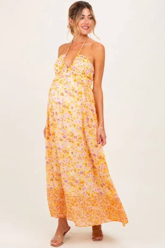 Orange Combo Flower Border Print Ruching Detail Maternity Maxi Dress sold by Pinkblush