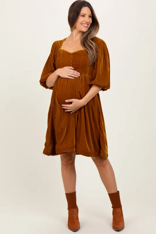 Camel Velvet Sweetheart Button Accent Maternity Dress sold by Pinkblush