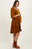 Camel Velvet Sweetheart Button Accent Maternity Dress sold by Pinkblush