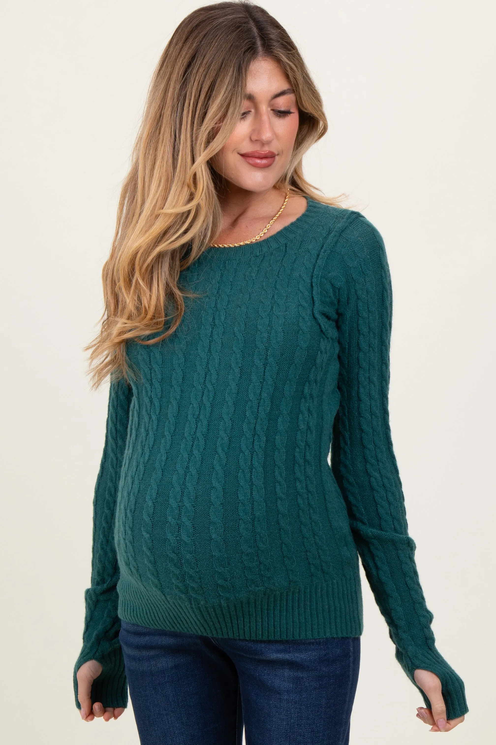 Hunter Green Long Sleeve Cable Patterned Maternity Sweater Knit Top sold by Pinkblush product image thumbnail 2