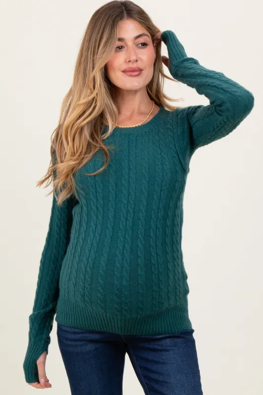 Hunter Green Long Sleeve Cable Patterned Maternity Sweater Knit Top sold by Pinkblush