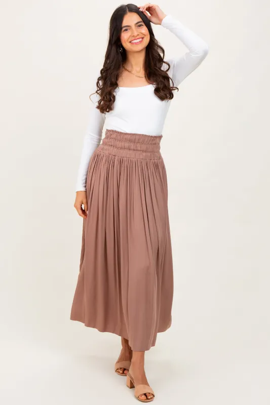 Mocha Smocked Waistband Pleated Maxi Skirt sold by Pinkblush
