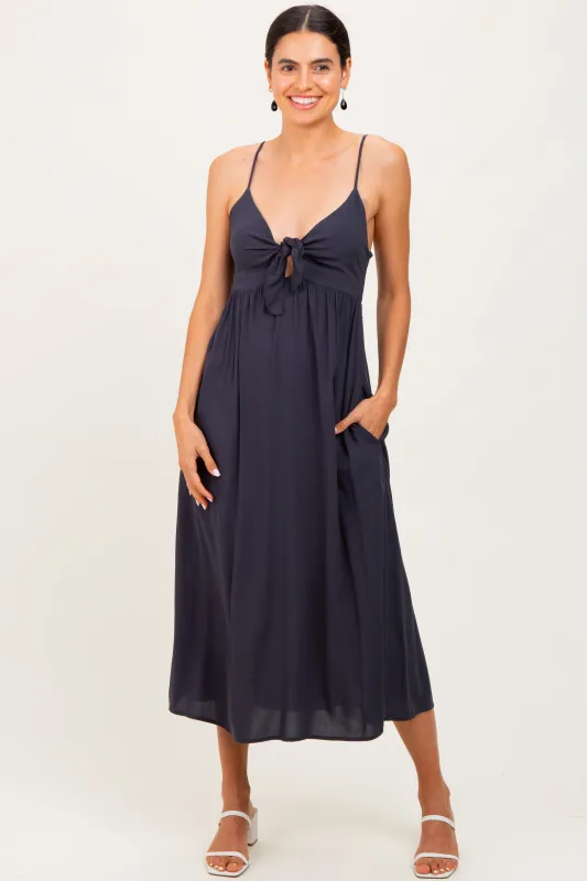 Navy Front Tie Sleeveless Midi Dress sold by Pinkblush