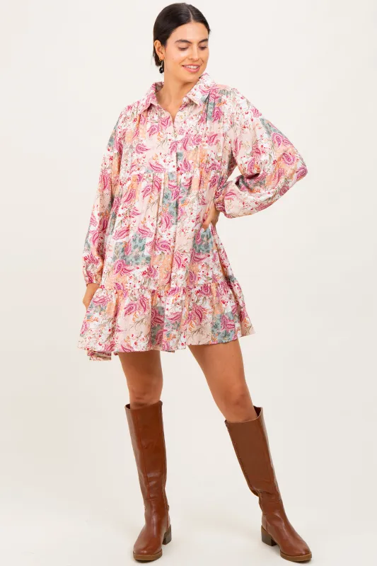 Apricot/Red Multi Floral Paisley Print Half Buttoned Shirt Dress sold by Pinkblush