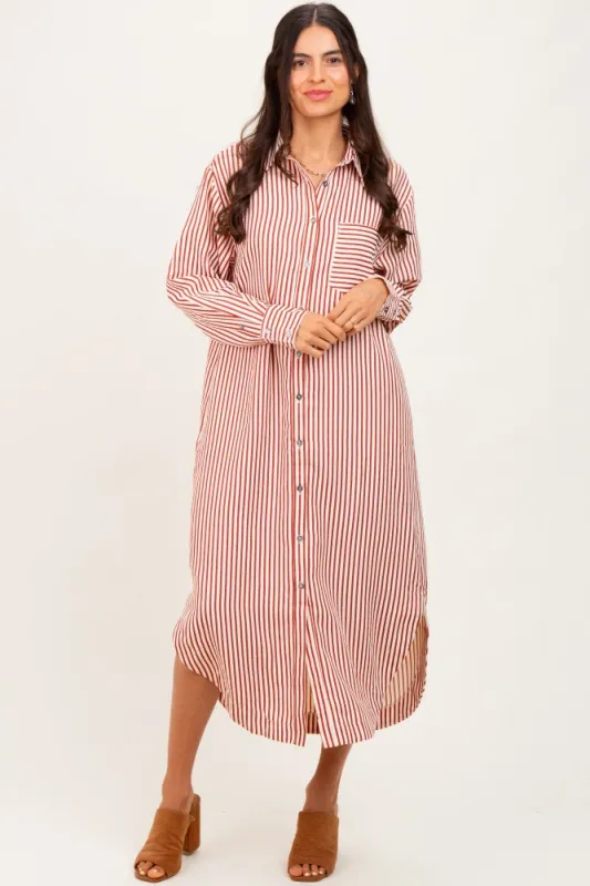 Rust Textured Stripe Button Down Shirt Dress sold by Pinkblush