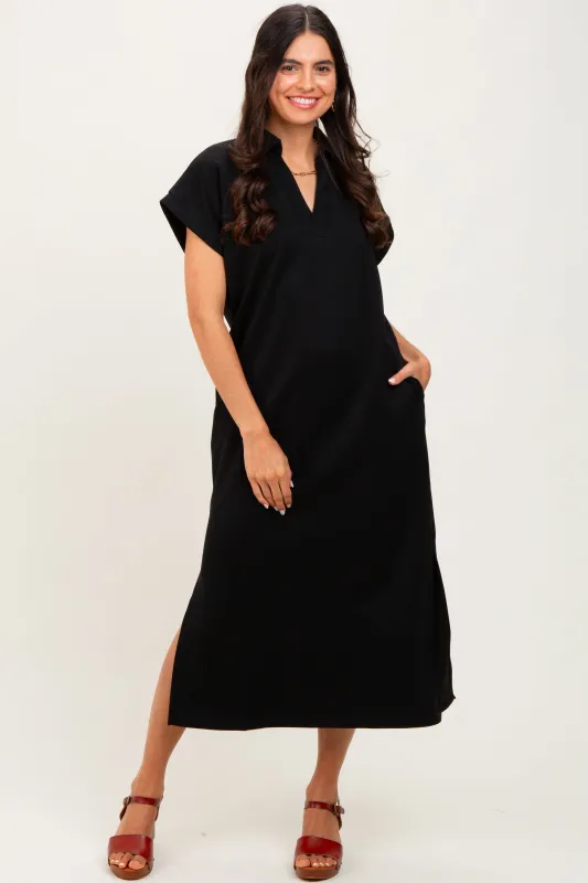 Black Collared Short Sleeve Midi Dress sold by Pinkblush