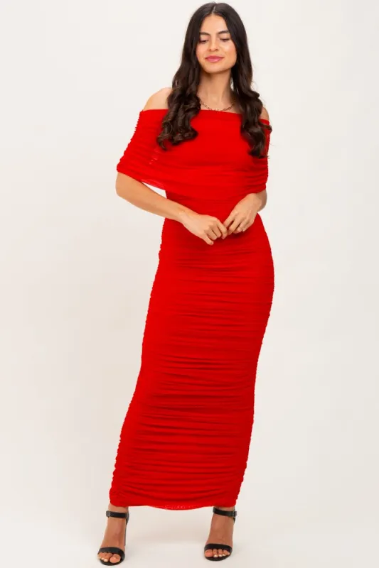 Red Ruched Mesh Foldover Off Shoulder Maxi Dress sold by Pinkblush
