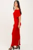 Red Ruched Mesh Foldover Off Shoulder Maxi Dress sold by Pinkblush
