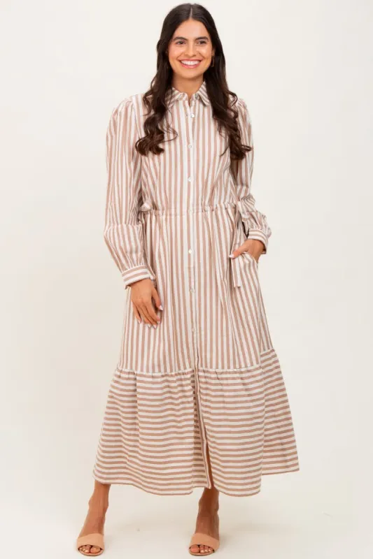 Mocha Striped Collared Button Down Waist Tie Maxi Dress sold by Pinkblush