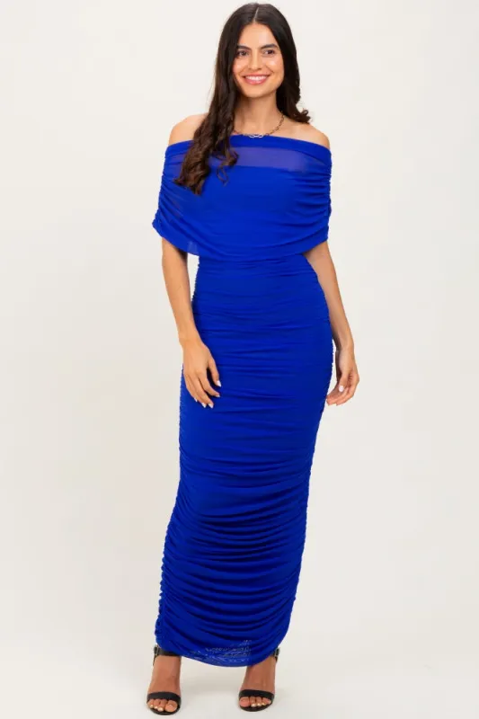 Royal Ruched Mesh Foldover Off Shoulder Maxi Dress sold by Pinkblush