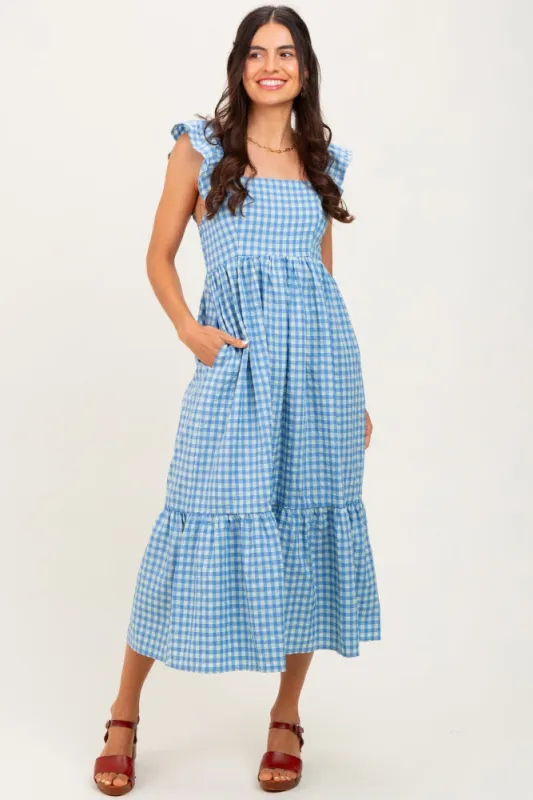 Blue Gingham Ruffle Strap Midi Dress sold by Pinkblush