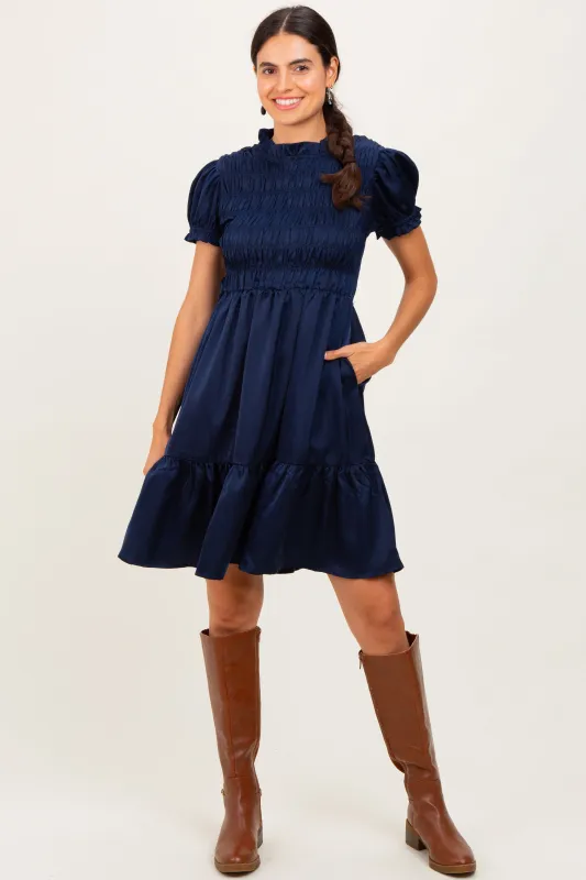 Navy Satin Smocked Mock Neck Dress sold by Pinkblush