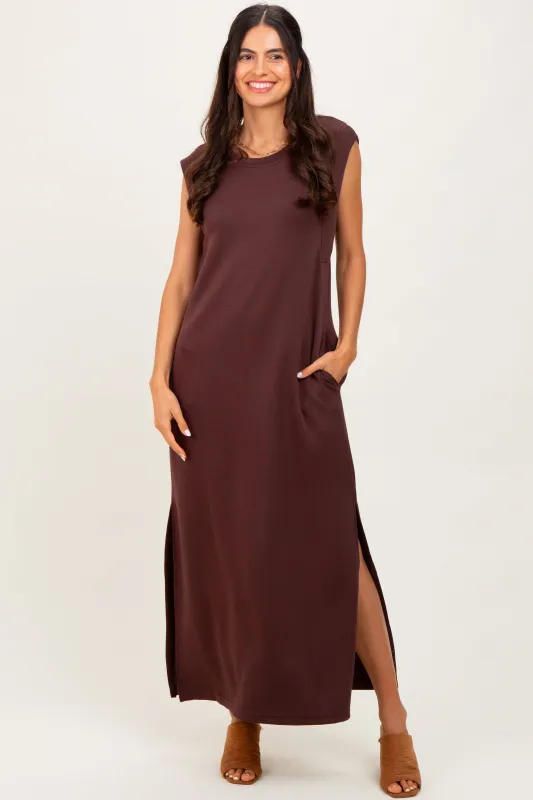 Brown Sleeveless Side Slit Midi Dress sold by Pinkblush