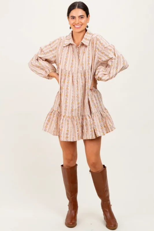 Tan Floral Print Shirring Half Buttoned Shirt Dress sold by Pinkblush