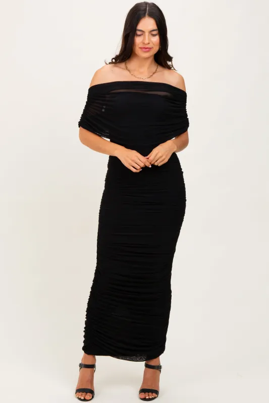 Black Ruched Mesh Foldover Off Shoulder Maxi Dress sold by Pinkblush