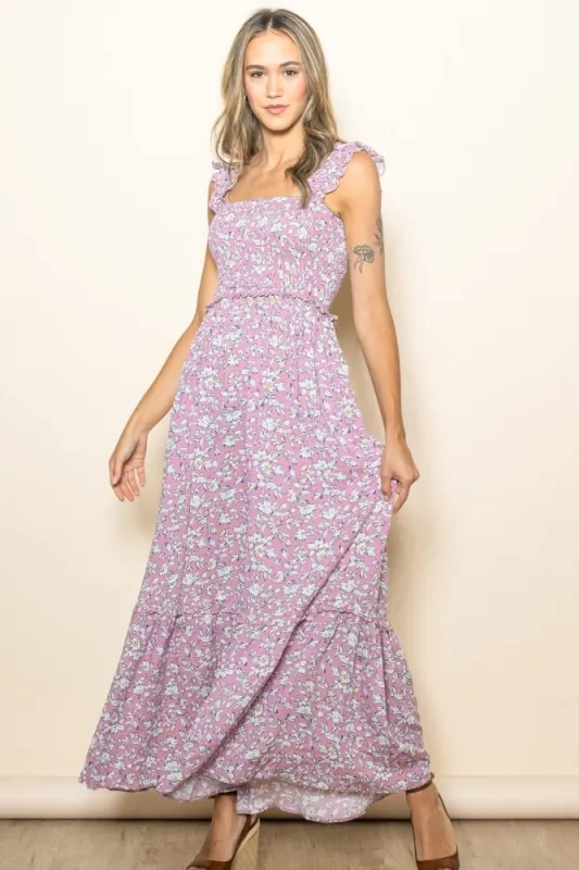 Mauve Floral Smocked Ruffle Accent Maxi Dress sold by Pinkblush
