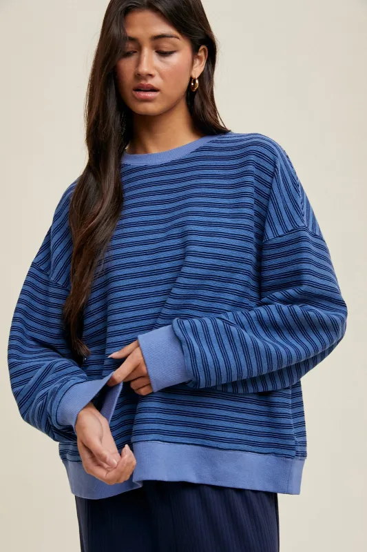 Blue Striped Knit Relaxed Fit Pullover sold by Pinkblush