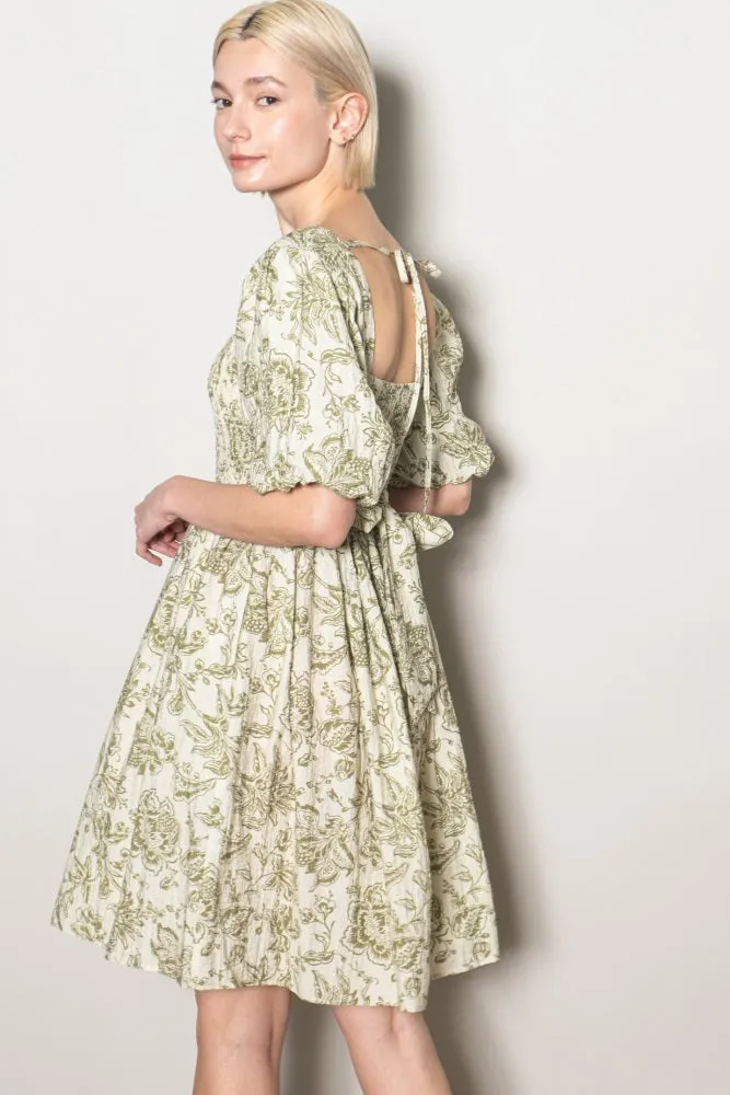 Olive Floral Smocked Puff Sleeve Dress sold by Pinkblush product image thumbnail 3