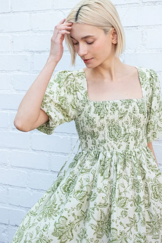 Olive Floral Smocked Puff Sleeve Dress sold by Pinkblush product image thumbnail 4