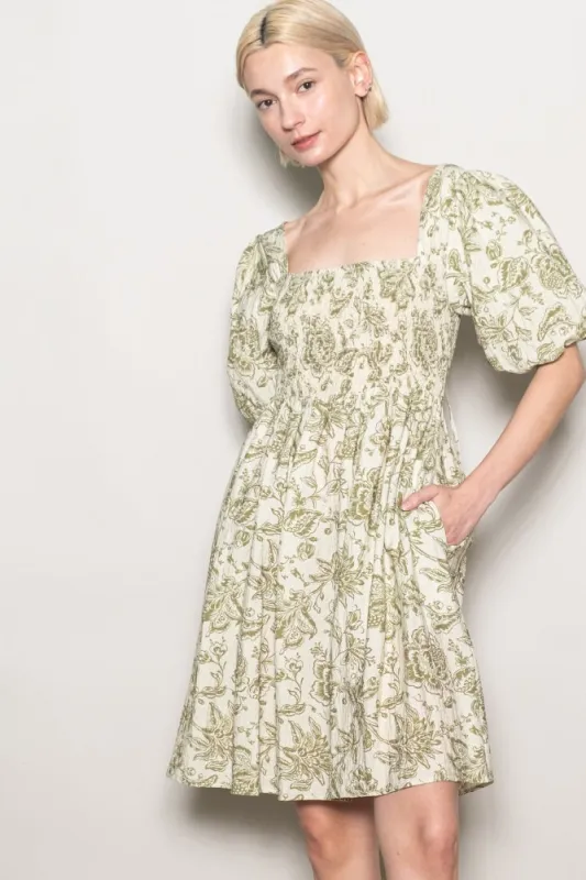 Olive Floral Smocked Puff Sleeve Dress sold by Pinkblush