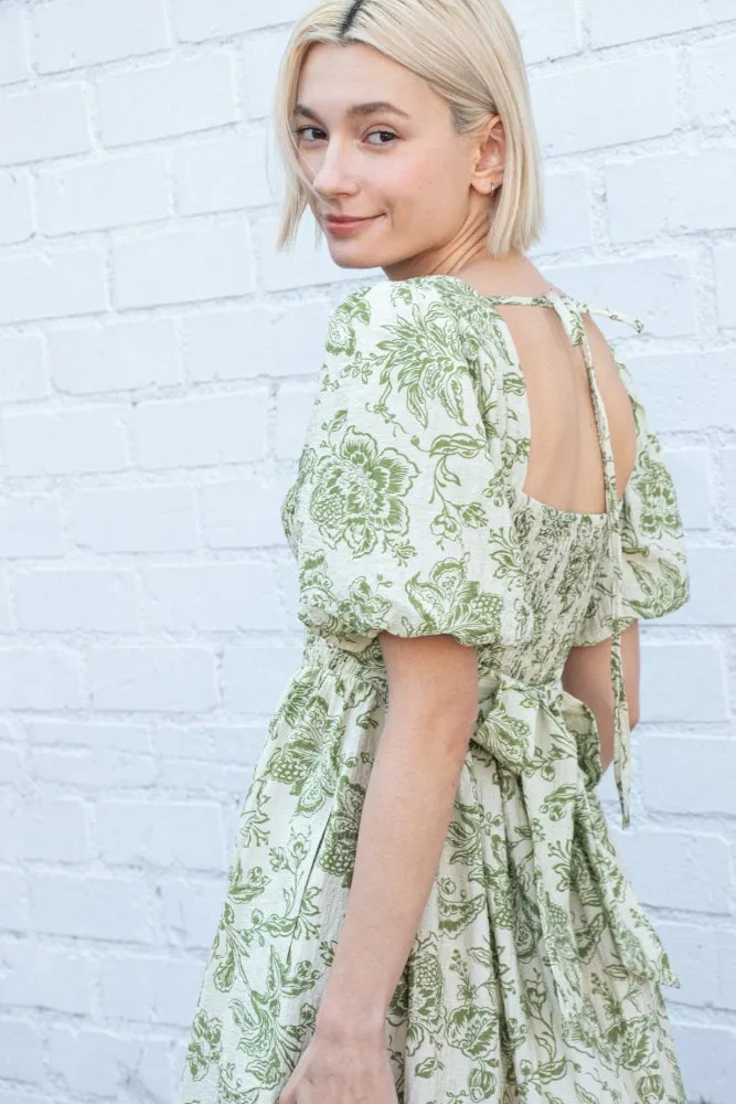 Olive Floral Smocked Puff Sleeve Dress sold by Pinkblush product image thumbnail 5