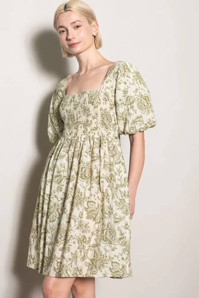 Olive Floral Smocked Puff Sleeve Dress sold by Pinkblush product image thumbnail 2