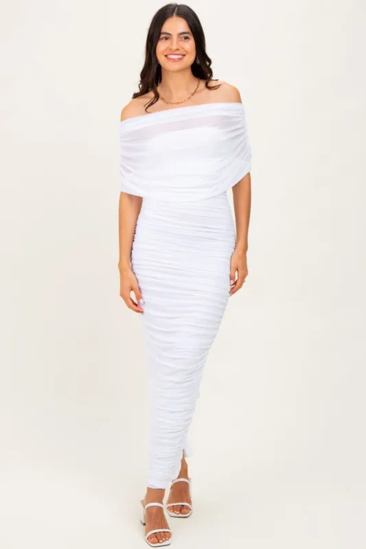 White Ruched Mesh Foldover Off Shoulder Maxi Dress sold by Pinkblush