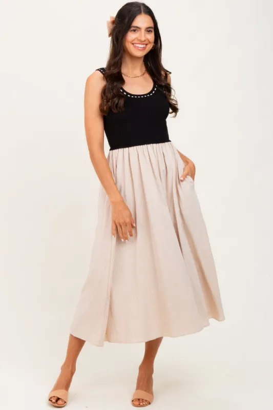 Black Ribbed Top Contrast Sleeveless Midi Dress sold by Pinkblush