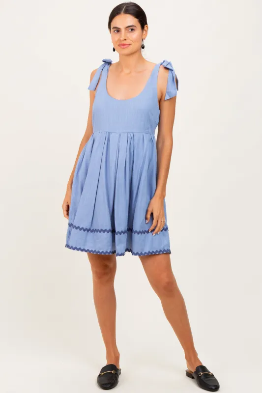 Blue Shoulder Bow Tie Pleated Mini Dress sold by Pinkblush