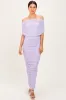 Lavender Ruched Mesh Foldover Off Shoulder Maxi Dress sold by Pinkblush