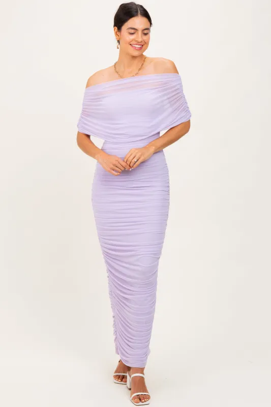 Lavender Ruched Mesh Foldover Off Shoulder Maxi Dress sold by Pinkblush
