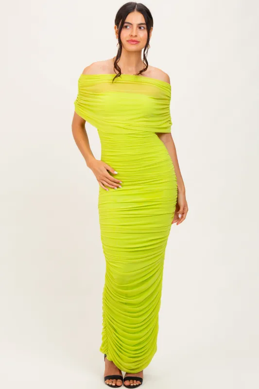 Lime Ruched Mesh Foldover Off Shoulder Maxi Dress sold by Pinkblush