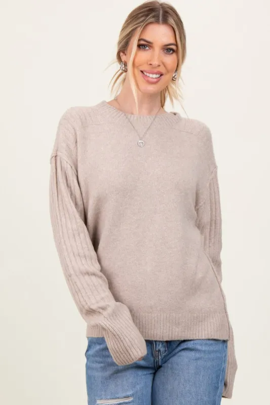 Beige Long Sleeve Raised Seam Sweater sold by Pinkblush