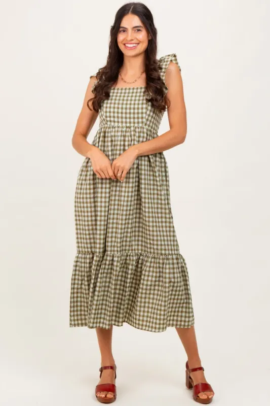 Olive Gingham Ruffle Strap Midi Dress sold by Pinkblush