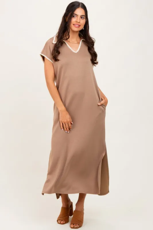 Mocha Collared Stitch Detail Short Sleeve Midi Dress sold by Pinkblush