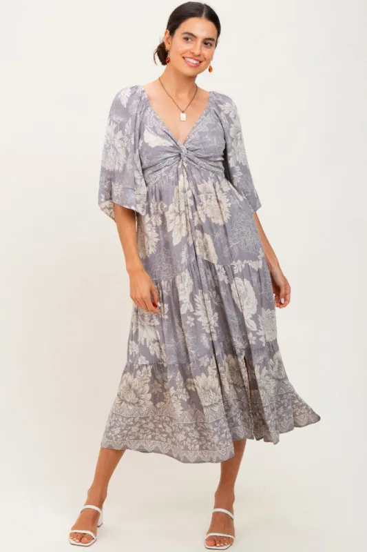 Light Grey Floral Twisted Front Tiered Midi Dress sold by Pinkblush