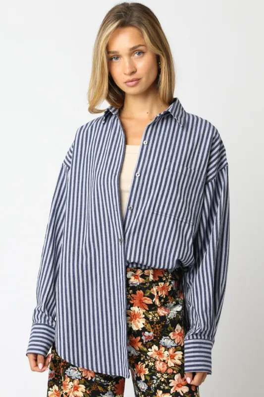 Navy Striped Linen Blend Button Down Shirt sold by Pinkblush