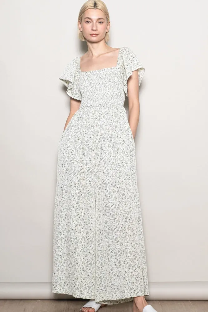 Ivory Floral Smocked Lace Trim Wide Leg Jumpsuit sold by Pinkblush product image thumbnail 2