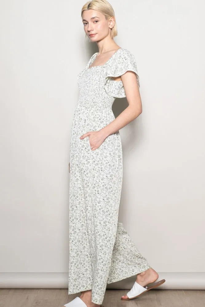 Ivory Floral Smocked Lace Trim Wide Leg Jumpsuit sold by Pinkblush product image thumbnail 3