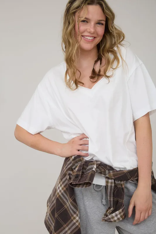 White Raw Edge V-Neck Short Sleeve T-Shirt sold by Pinkblush