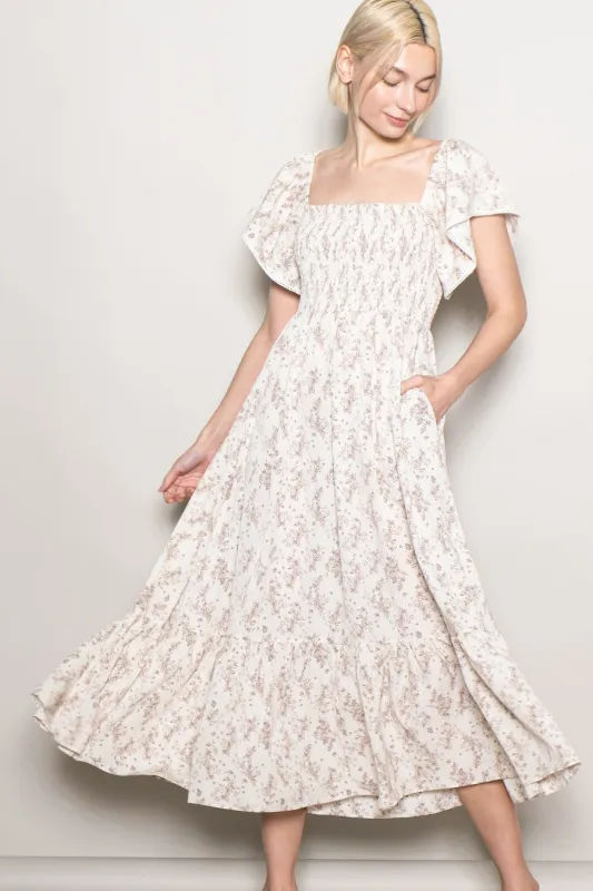 Cream Floral Smocked Lace Trim Flutter Sleeve Midi Dress sold by Pinkblush