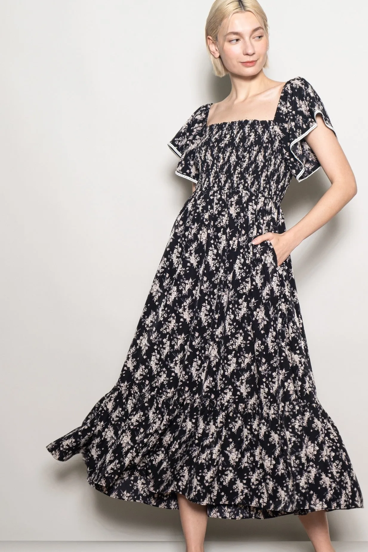 Black Floral Smocked Lace Trim Flutter Sleeve Midi Dress sold by Pinkblush product image thumbnail 4