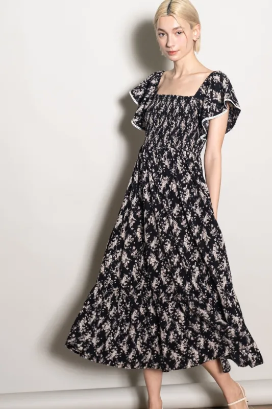 Black Floral Smocked Lace Trim Flutter Sleeve Midi Dress sold by Pinkblush