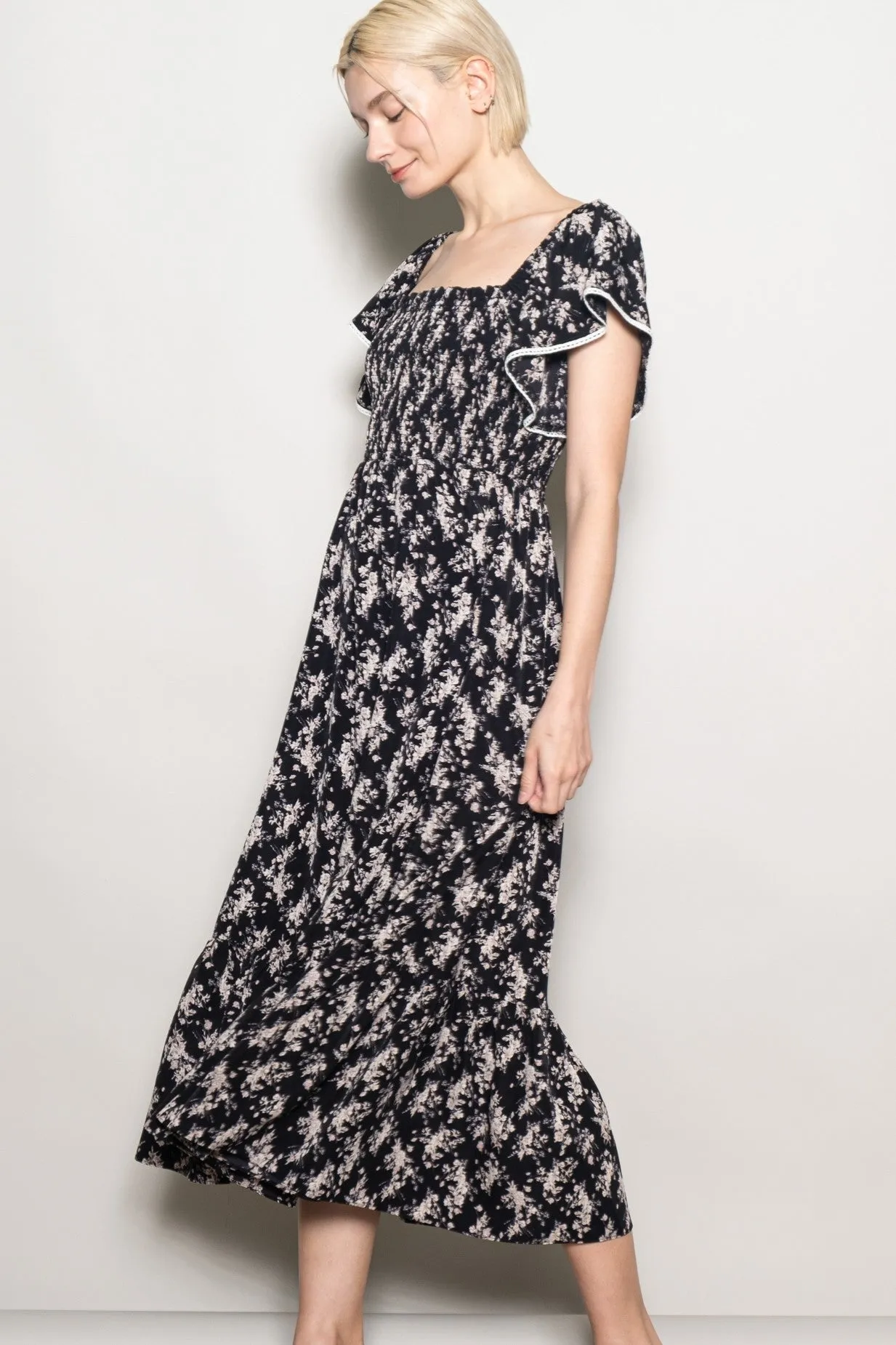 Black Floral Smocked Lace Trim Flutter Sleeve Midi Dress sold by Pinkblush product image thumbnail 2