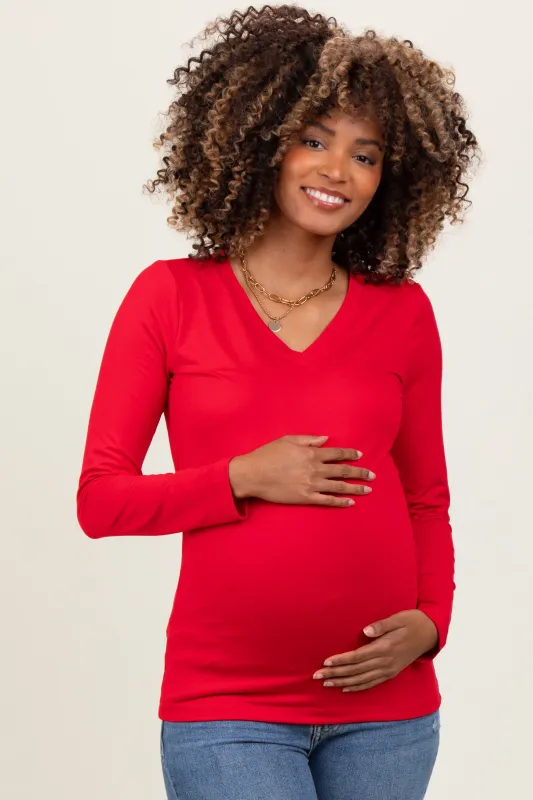 Red Brushed Knit V-Neck Long Sleeve Maternity Top sold by Pinkblush