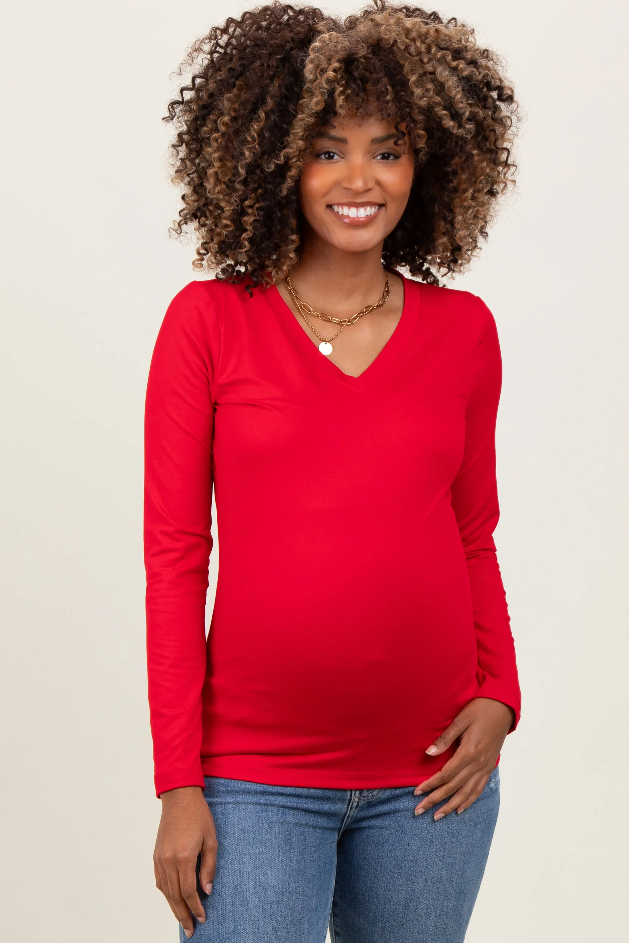 Red Brushed Knit V-Neck Long Sleeve Maternity Top sold by Pinkblush product image thumbnail 2