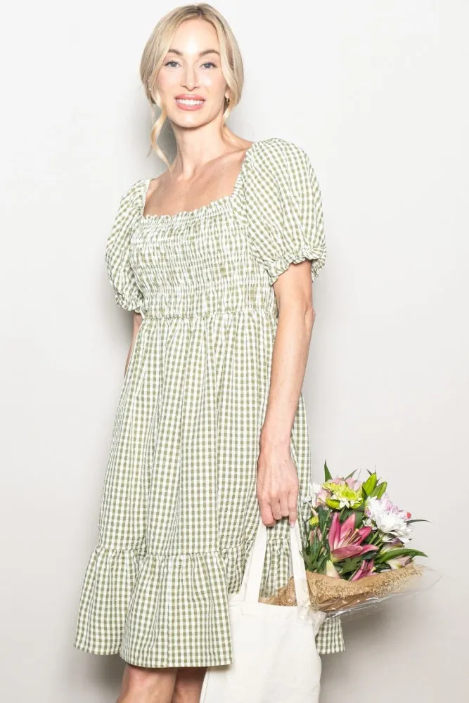 Light Olive Gingham Smocked Puff Sleeve Dress sold by Pinkblush product image thumbnail 4