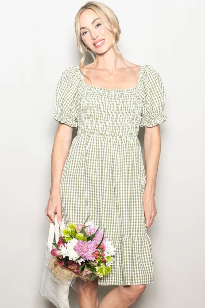 Light Olive Gingham Smocked Puff Sleeve Dress sold by Pinkblush product image thumbnail 2