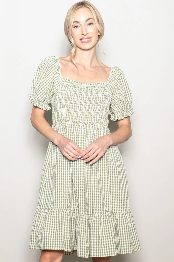 Light Olive Gingham Smocked Puff Sleeve Dress sold by Pinkblush product image thumbnail 3